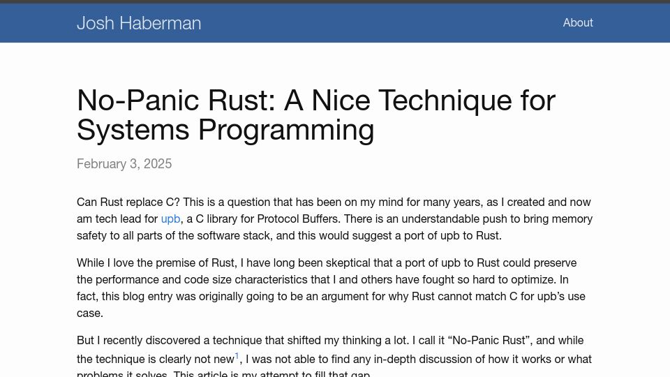 Screenshot of blog.reverberate.org: No-Panic Rust: A Nice Technique for Systems Programming