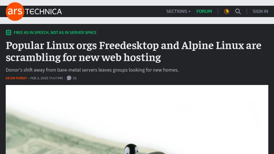 Screenshot of arstechnica.com: Popular Linux orgs Freedesktop and Alpine Linux are scrambling for new webhost