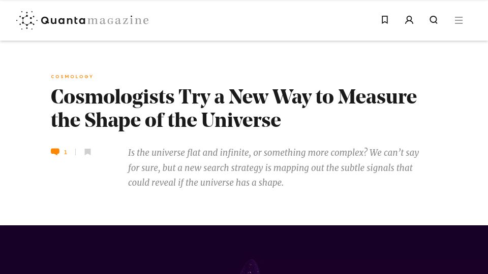 Screenshot of quantamagazine.org: Cosmologists Try a New Way to Measure the Shape of the Universe