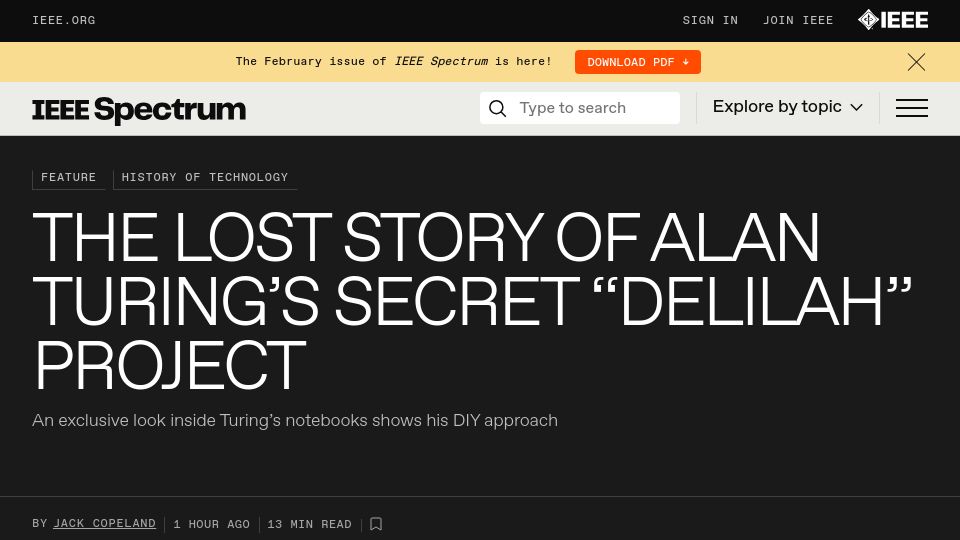 Screenshot of spectrum.ieee.org: Alan Turing's "Delilah" project