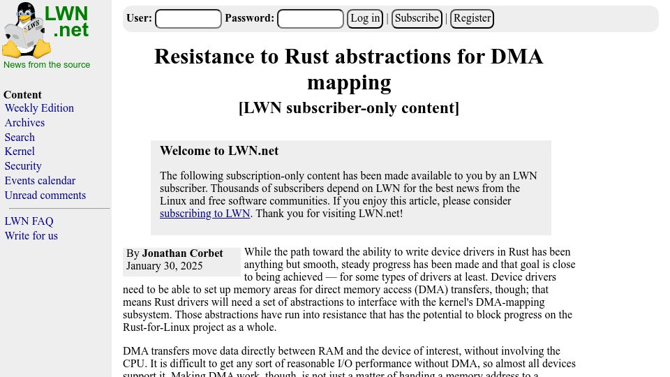 Screenshot of lwn.net: Resistance to Rust abstractions for DMA mapping