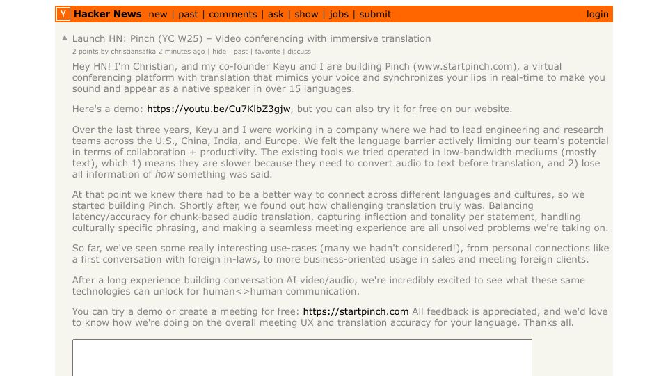 Screenshot of Hacker News post: Launch HN: Pinch (YC W25) – Video conferencing with immersive translation