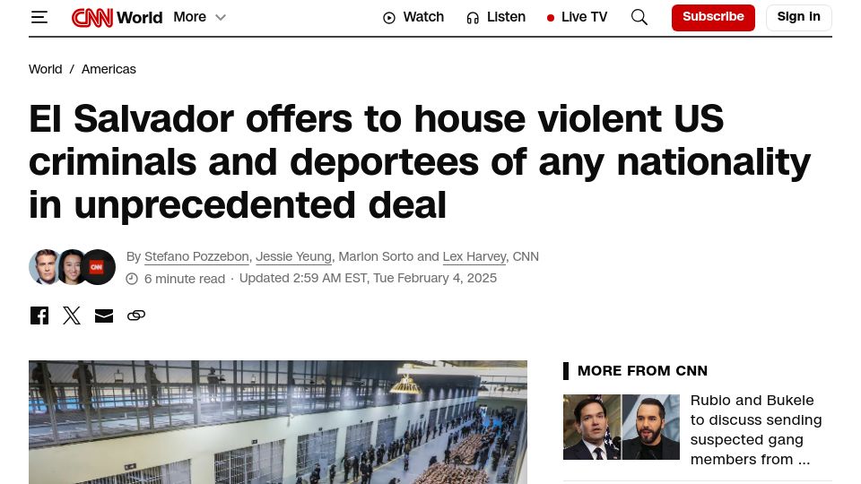 Screenshot of cnn.com: El Salvador offers to house violent US criminals and deportees of any nation