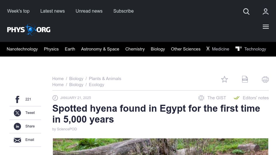 Screenshot of phys.org: Spotted hyena found in Egypt for the first time in 5k years
