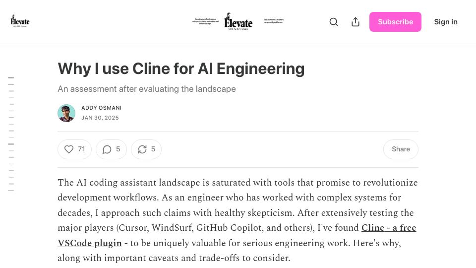 Screenshot of addyo.substack.com: I Use Cline for AI Engineering