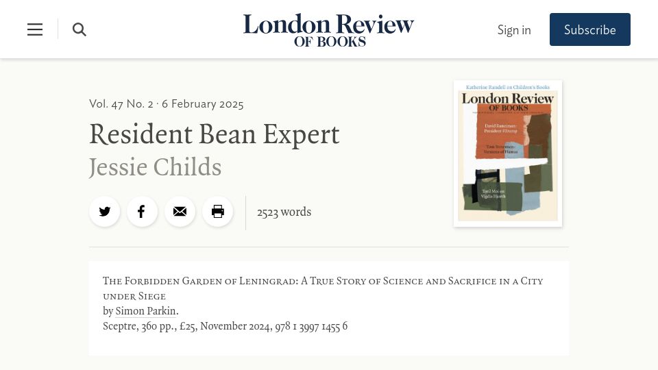 Screenshot of lrb.co.uk: The Forbidden Garden of Leningrad: Science and Sacrifice in a City Under Siege