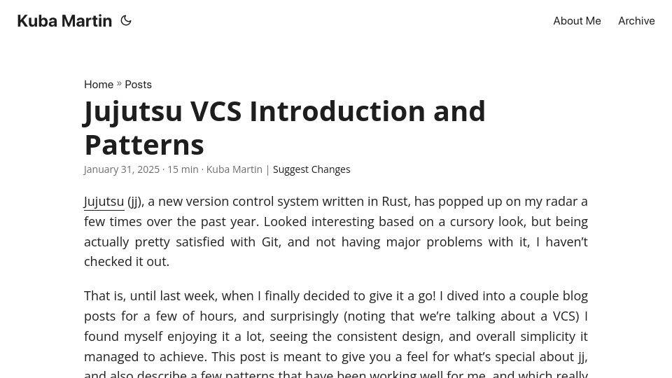 Screenshot of kubamartin.com: Jujutsu VCS: Introduction and patterns