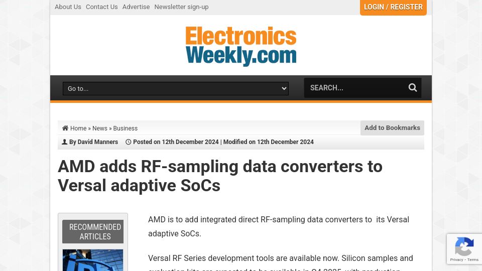 Screenshot of electronicsweekly.com: AMD adds RF-sampling data converters to Versal adaptive SoCs (2024)