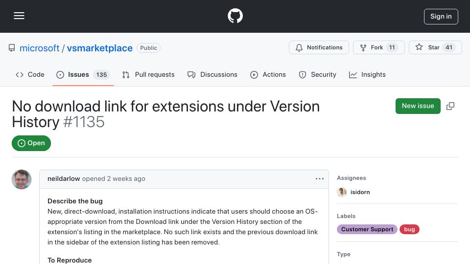 Screenshot of github.com: VSCode Marketplace Web Pages No Longer Allow Direct VSIX Downloads