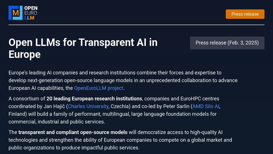Screenshot of openeurollm.eu: Open Euro LLM: Open LLMs for Transparent AI in Europe
