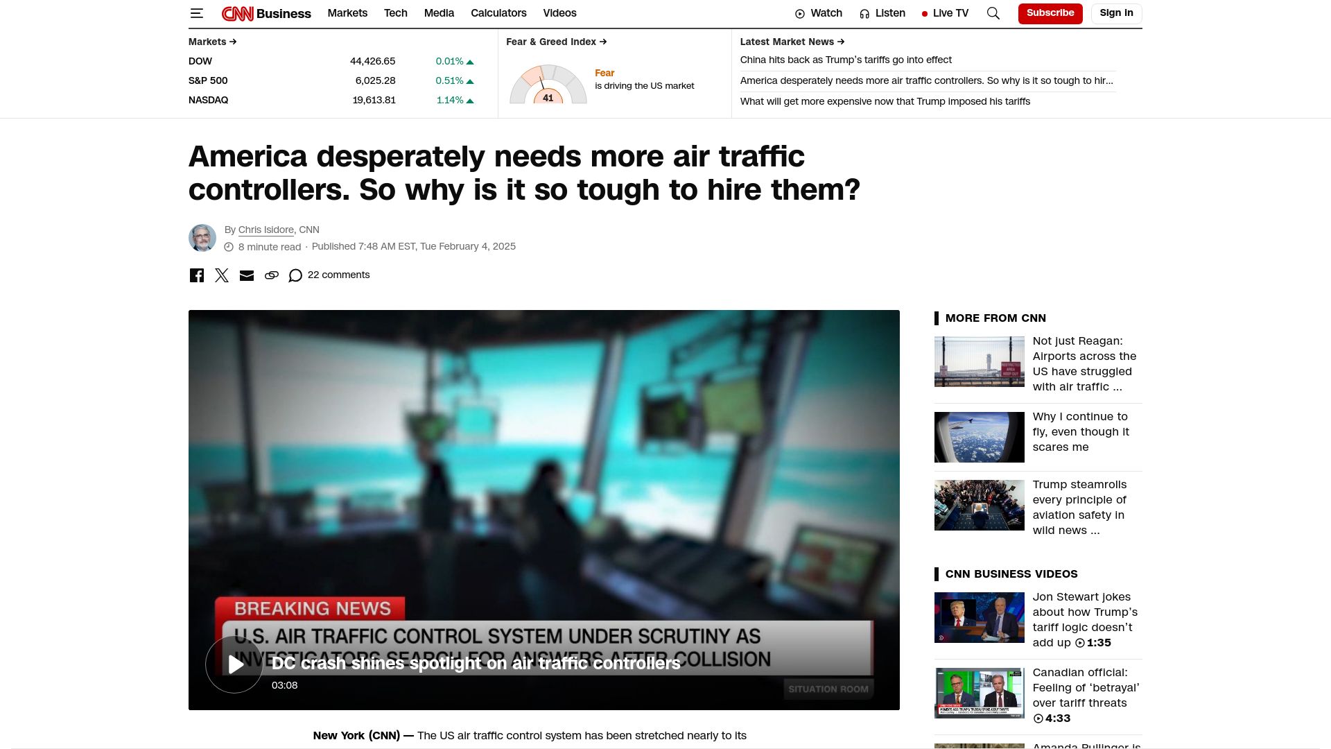 Screenshot of cnn.com: America desperately needs more air traffic controllers