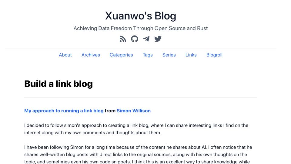 Screenshot of xuanwo.io: Build a link blog like Simon Willison