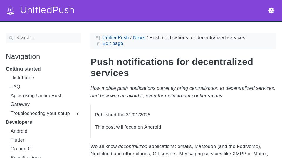 Screenshot of unifiedpush.org: Push Notifications for Decentralized Services