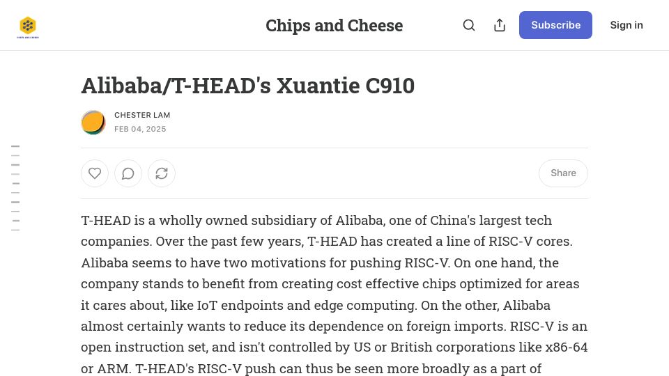 Screenshot of chipsandcheese.com: Alibaba/T-HEAD's Xuantie C910