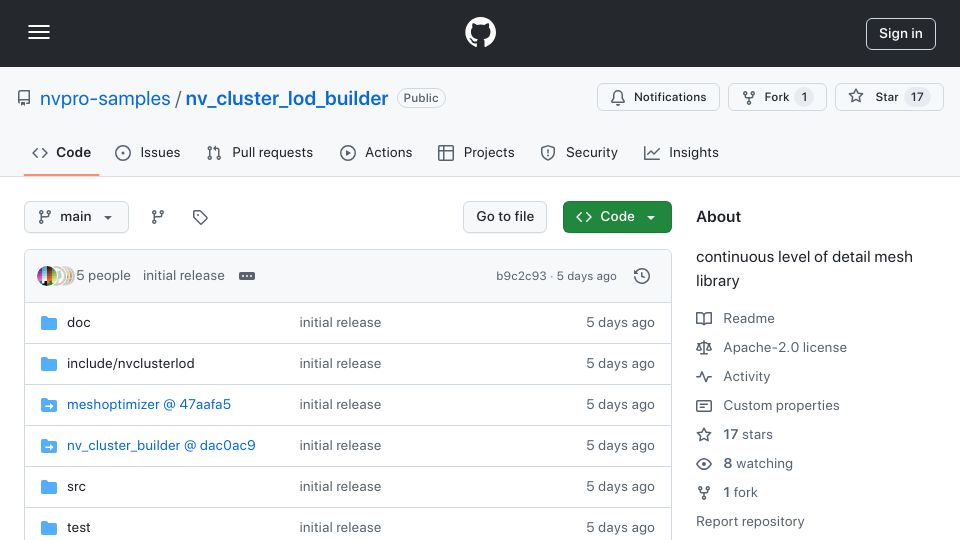 Screenshot of github.com: Nvidia open-source nanite: continuous level of detail (LOD) mesh library