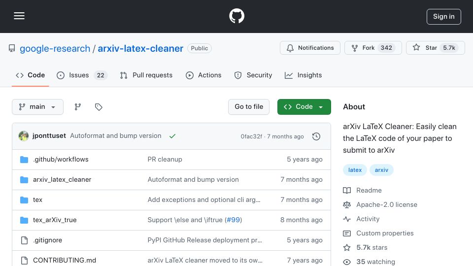 Screenshot of github.com: ArXiv LaTeX Cleaner: Clean the LaTeX code of your paper to submit to ArXiv