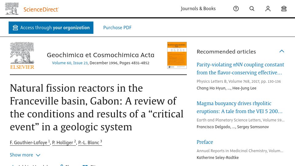 Screenshot of sciencedirect.com: Natural fission reactors in the Franceville basin, Gabon