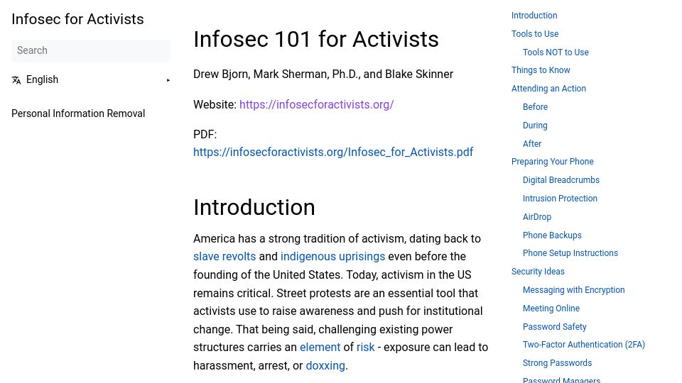 Screenshot of infosecforactivists.org: Infosec 101 for Activists