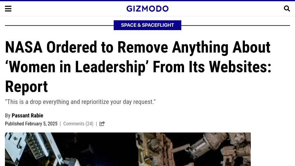 Screenshot of gizmodo.com: NASA Ordered to Remove Anything About 'Women in Leadership' from Its Websites