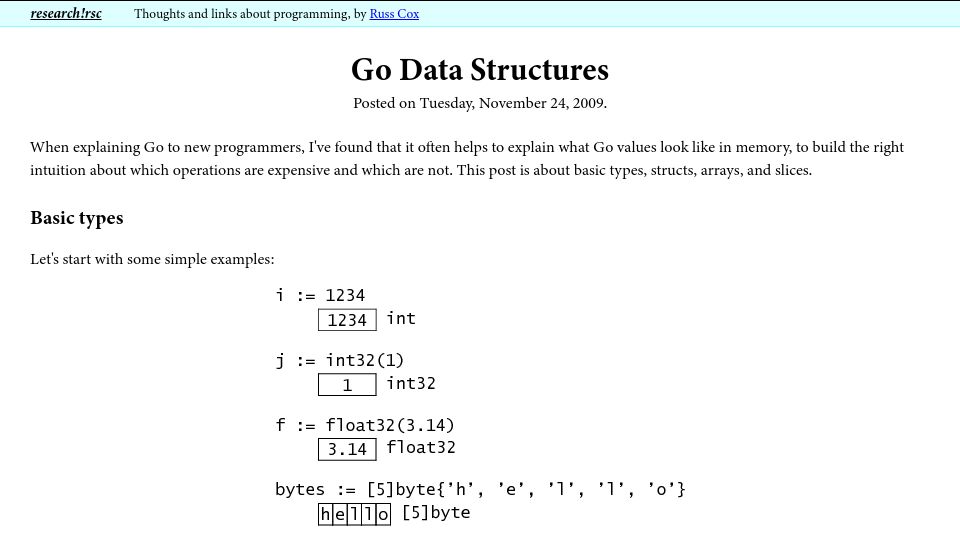 Screenshot of research.swtch.com: Go Data Structures (2009)