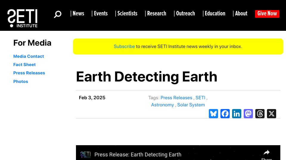 Screenshot of seti.org: Earth Detecting Earth