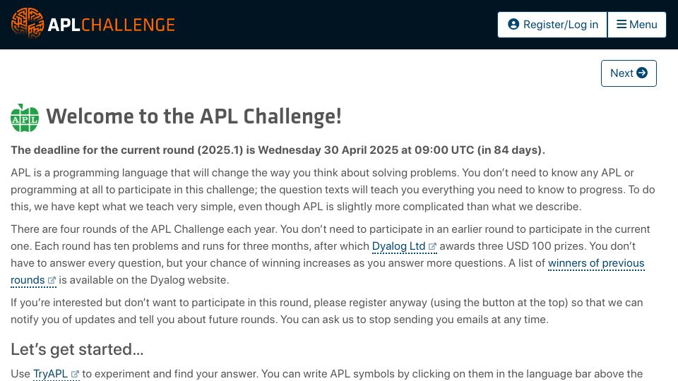 Screenshot of challenge.dyalog.com: The APL Challenge