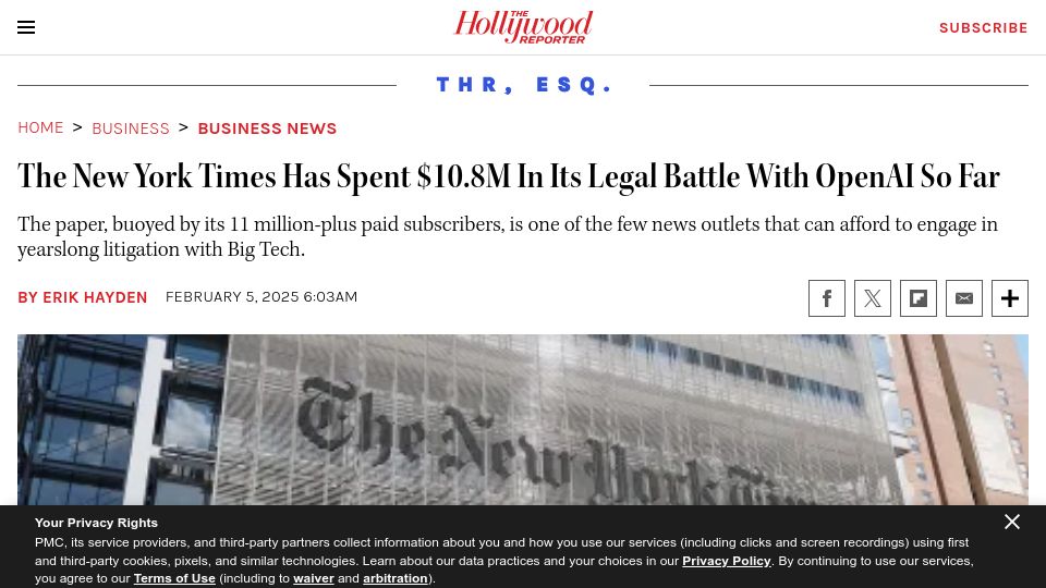Screenshot of hollywoodreporter.com: The New York Times Has Spent $10.8M in Its Legal Battle with OpenAI So Far