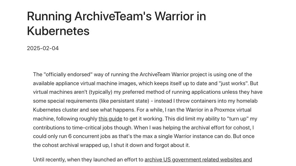 Screenshot of gabrielsimmer.com: Running ArchiveTeam's Warrior in Kubernetes