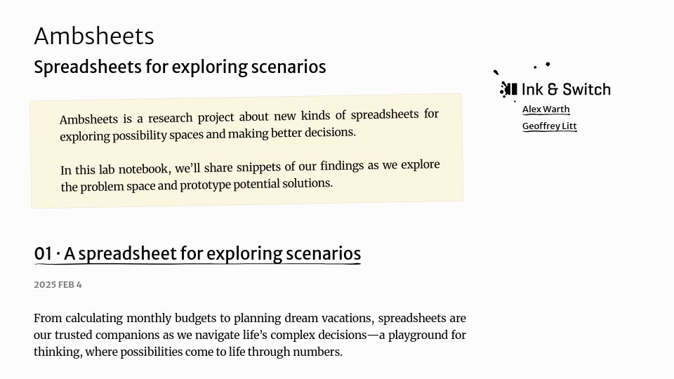 Screenshot of inkandswitch.com: Ambsheets: Spreadsheets for Exploring Scenarios
