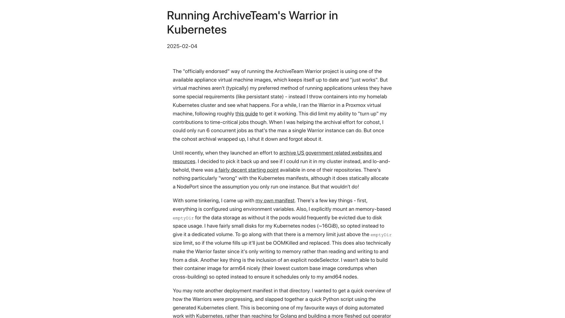 Screenshot of gabrielsimmer.com: Running ArchiveTeam's Warrior in Kubernetes