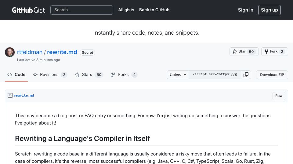 Screenshot of gist.github.com: Roc rewrites the compiler in Zig