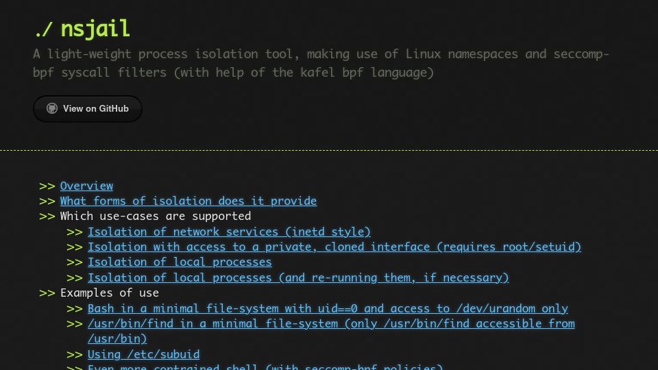 Screenshot of nsjail.dev: NsJail: A light-weight process isolation tool for Linux
