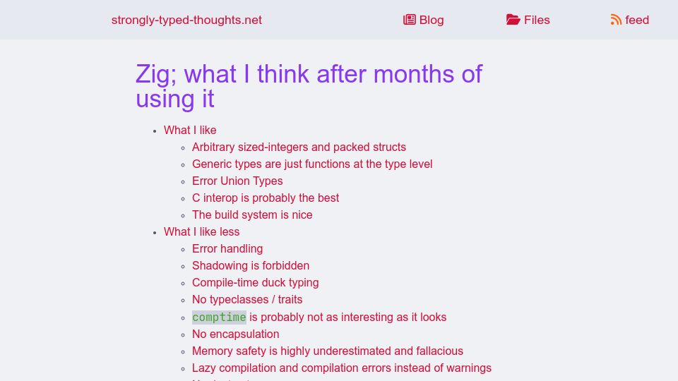 Screenshot of strongly-typed-thoughts.net: Zig; what I think after months of using it