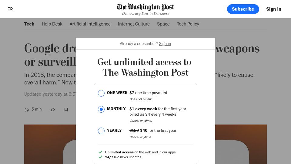 Screenshot of washingtonpost.com: Google drops pledge not to use AI for weapons or surveillance