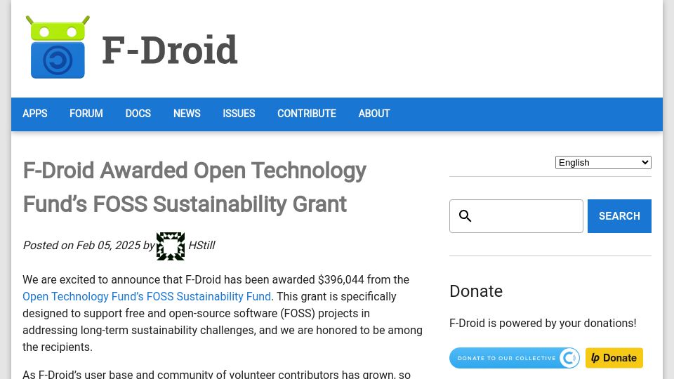 Screenshot of f-droid.org: F-Droid Awarded Open Technology Fund's FOSS Sustainability Grant