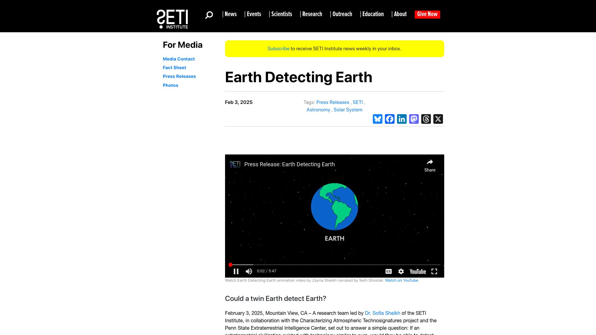 Screenshot of seti.org: Earth Detecting Earth