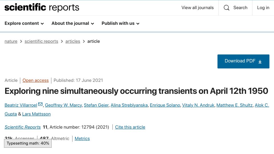 Screenshot of nature.com: Exploring Nine Simultaneous Transients on April 12th, 1950 (2021)