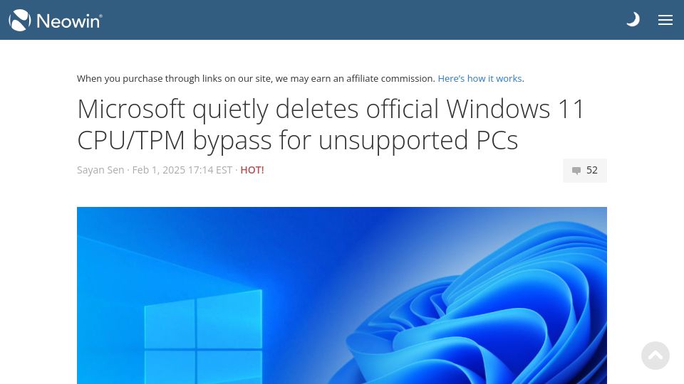 Screenshot of neowin.net: Microsoft deletes official Windows 11 CPU/TPM bypass for unsupported PCs