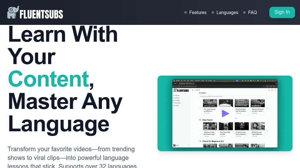 Screenshot of fluentsubs.com: Show HN: Language Learning from YouTube content