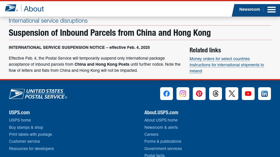 Screenshot of about.usps.com: Suspension of inbound parcels from China and Hong Kong