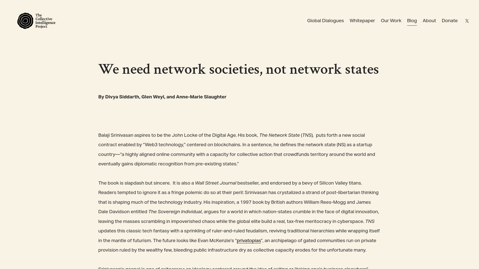 Screenshot of cip.org: We need network societies, not network states (2024)