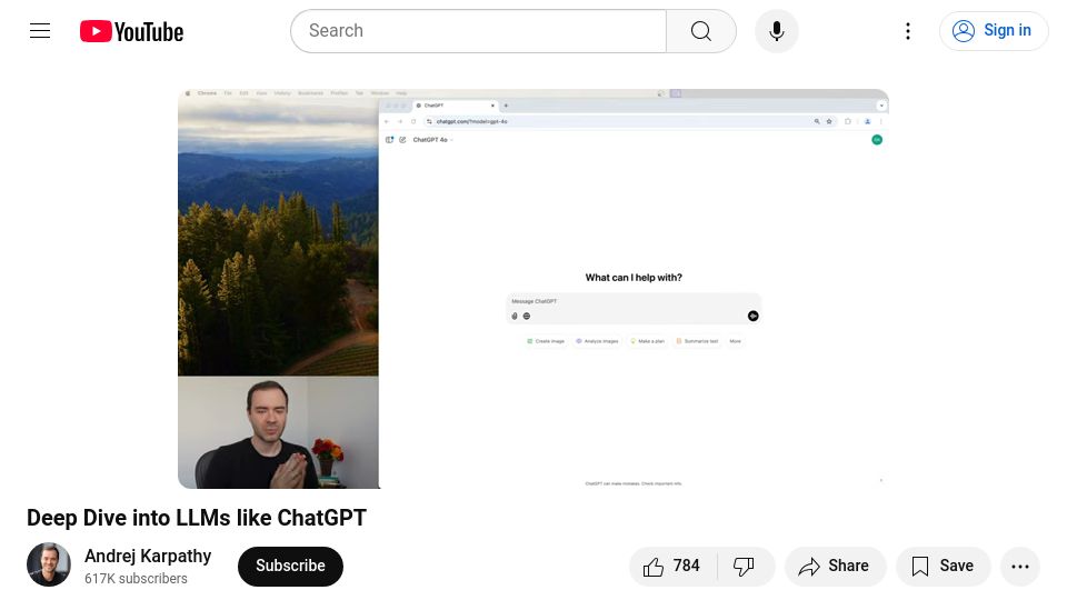 Screenshot of youtube.com: Andrej Karpathy: Deep Dive into LLMs Like ChatGPT [video]