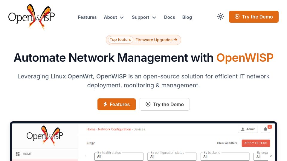 Screenshot of openwisp.org: OpenWISP: Multi-device fleet management for OpenWrt routers