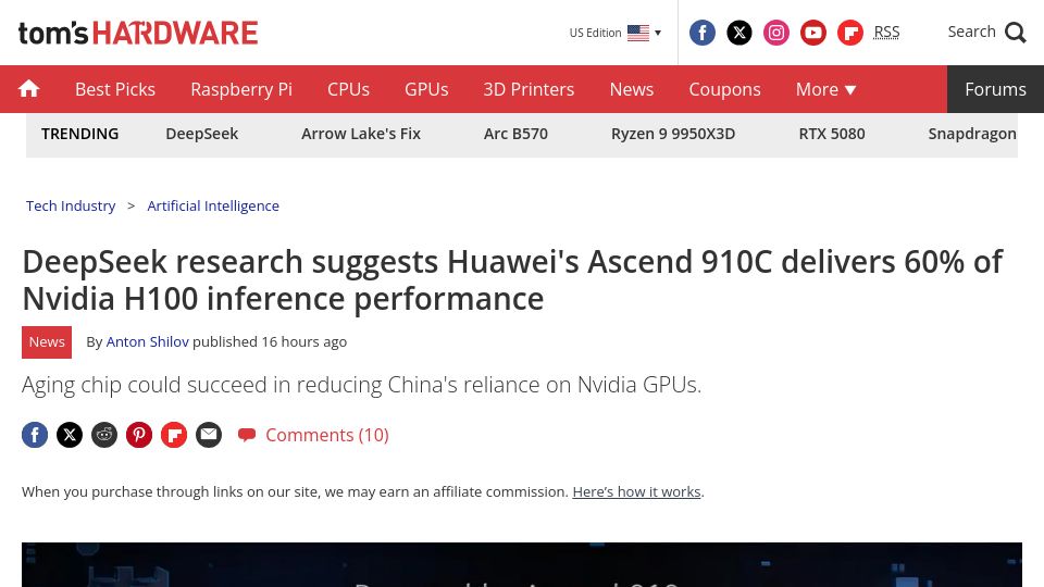 Screenshot of tomshardware.com: Huawei's Ascend 910C delivers 60% of Nvidia H100 inference performance