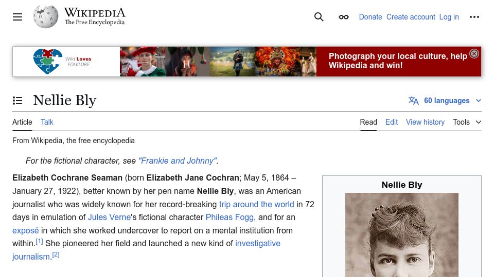 Screenshot of en.wikipedia.org: Nellie Bly