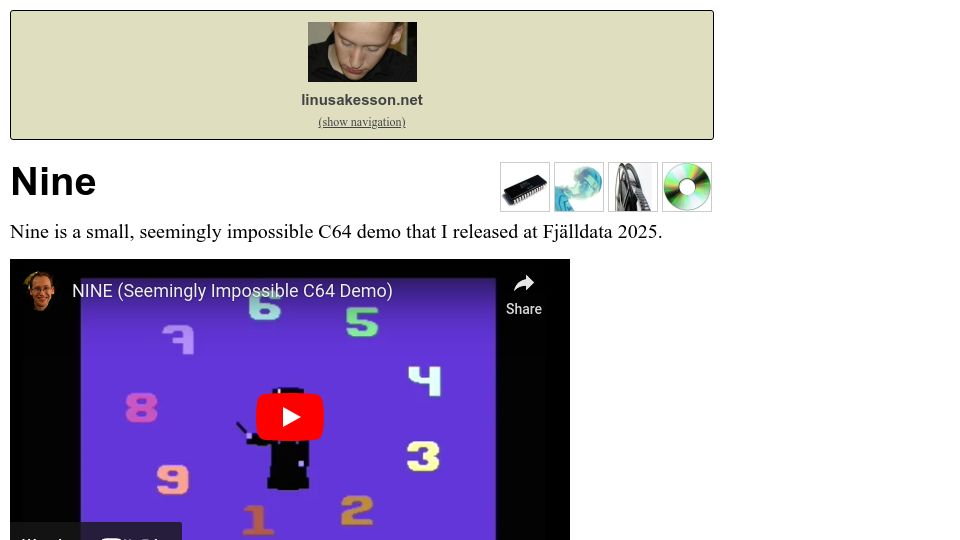 Screenshot of linusakesson.net: Nine – seemingly impossible C64 demo