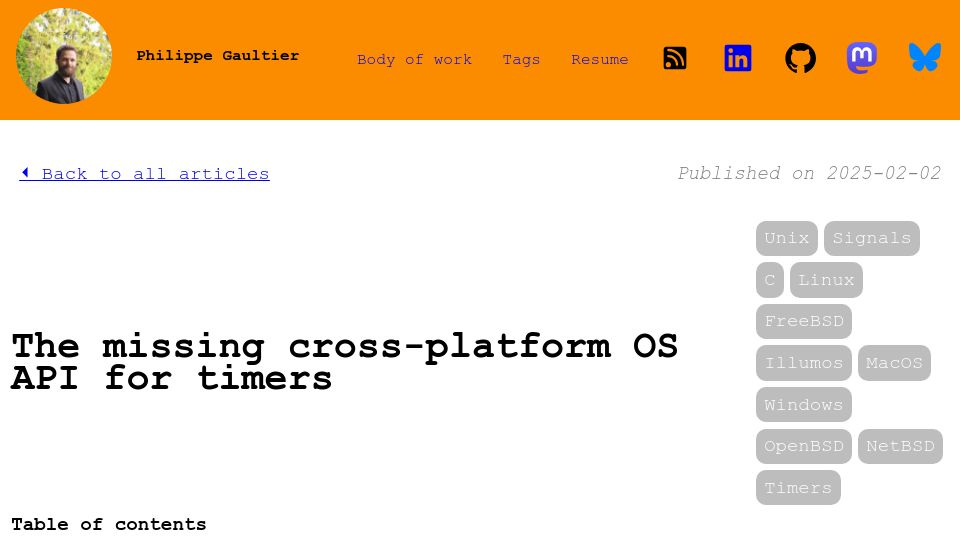 Screenshot of gaultier.github.io: The missing cross-platform OS API for timers