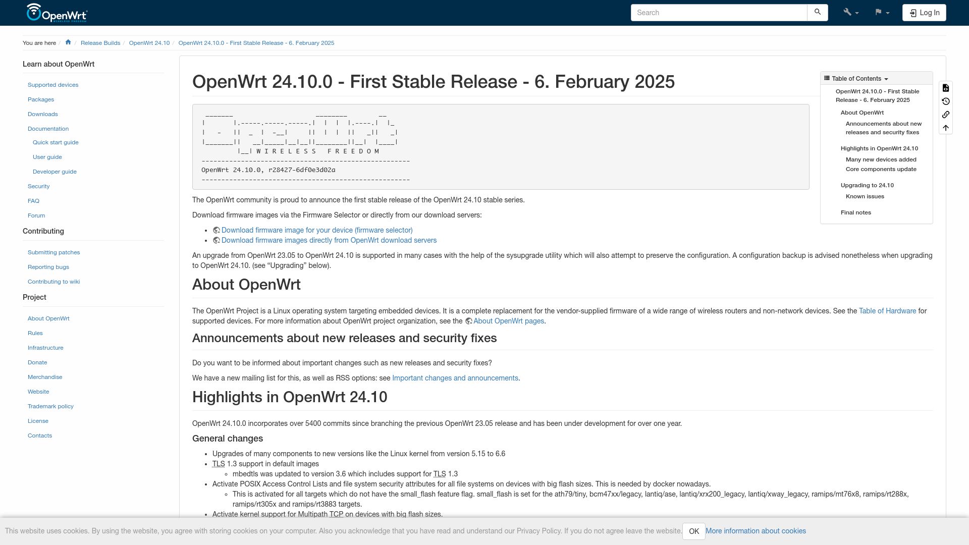 Screenshot of openwrt.org: OpenWrt 24.10.0 – First Stable Release