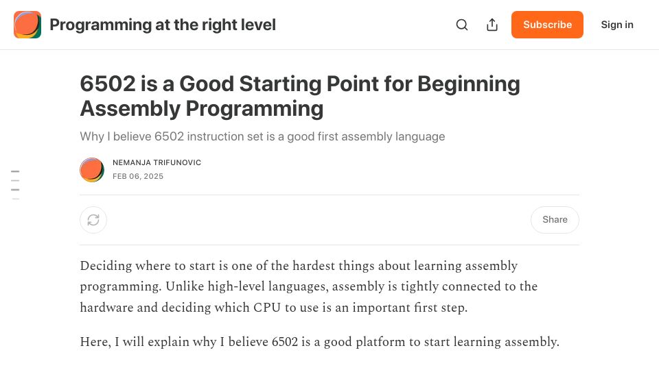 Screenshot of nemanjatrifunovic.substack.com: I believe 6502 instruction set is a good first assembly language