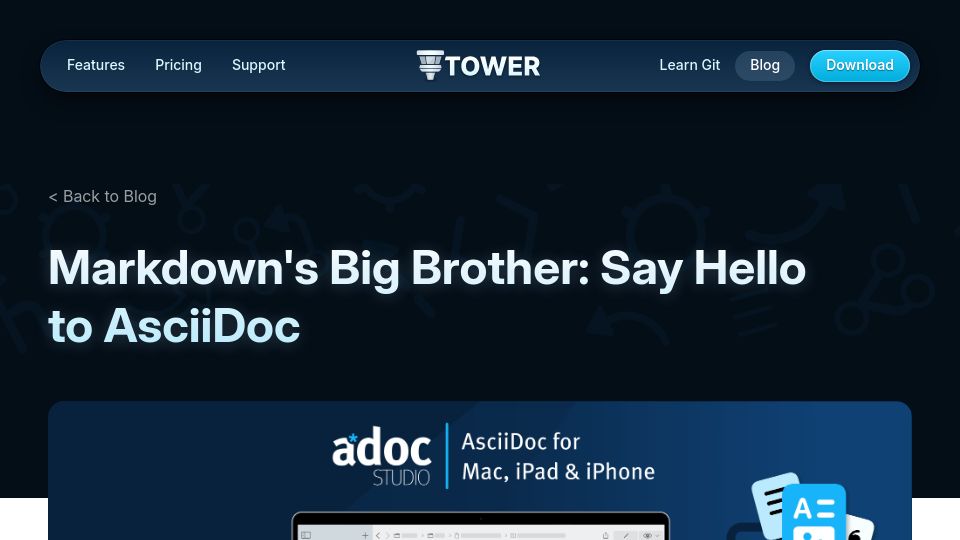 Screenshot of git-tower.com: Markdown's Big Brother: Say Hello to AsciiDoc